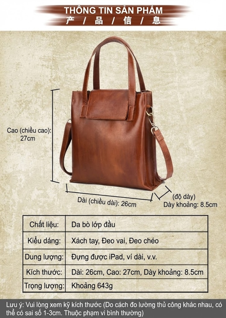 Túi Xách Nữ Da Bò Thủ Công Màu Nâu Vintage Đeo Vai, Xách Tay chi tiết 2