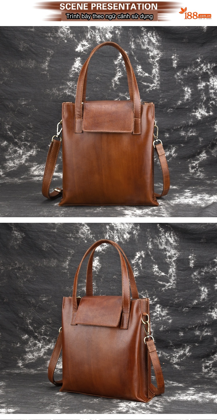 Túi Xách Nữ Da Bò Thủ Công Màu Nâu Vintage Đeo Vai, Xách Tay chi tiết 3