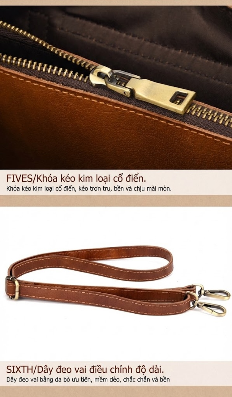 Túi Xách Nữ Da Bò Thủ Công Màu Nâu Vintage Đeo Vai, Xách Tay chi tiết 10