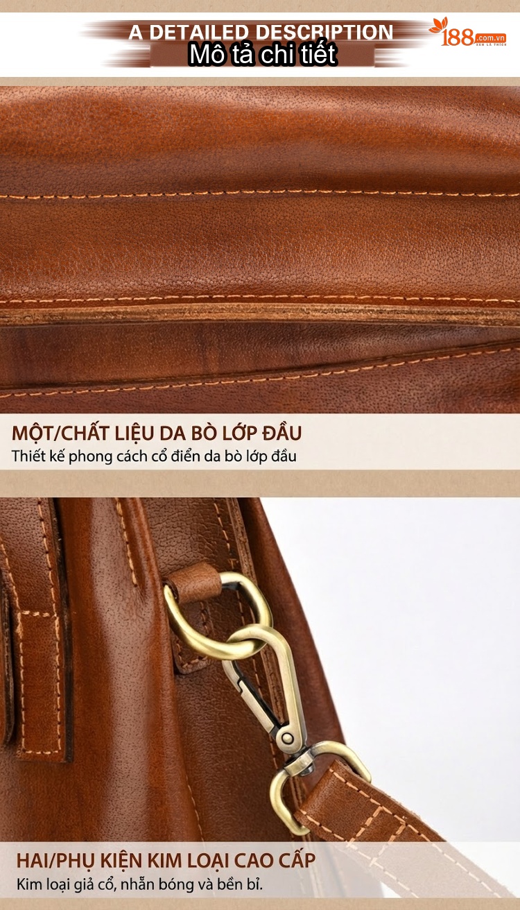 Túi Xách Nữ Da Bò Thủ Công Màu Nâu Vintage Đeo Vai, Xách Tay chi tiết 8