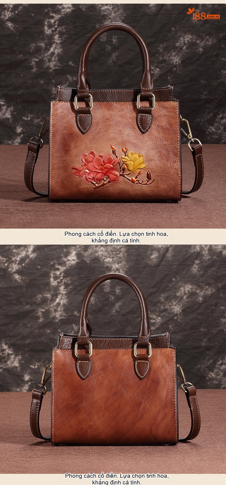 Túi Xách Nữ Da Bò Thủ Công Vintage Đeo Vai, Đeo Chéo Màu Nâu chi tiết 4