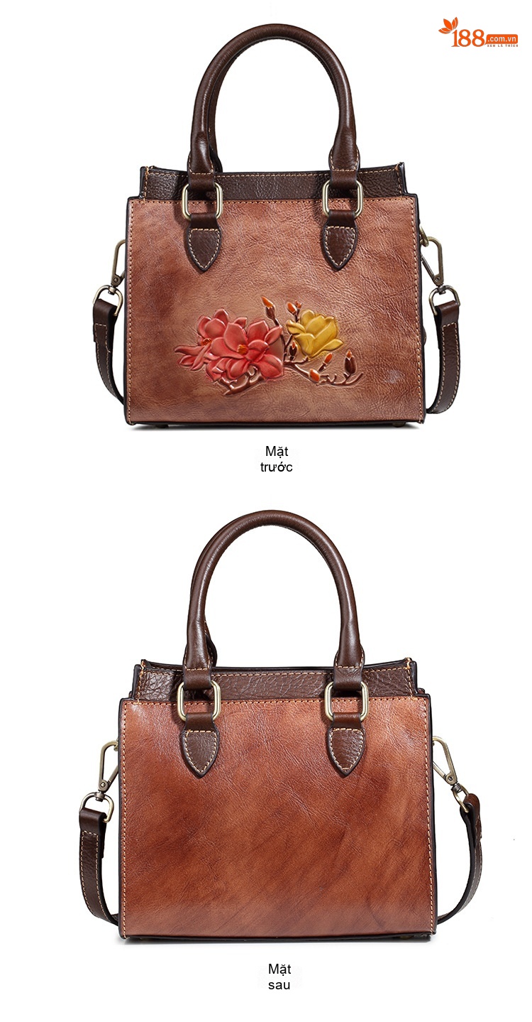 Túi Xách Nữ Da Bò Thủ Công Vintage Đeo Vai, Đeo Chéo Màu Nâu chi tiết 6