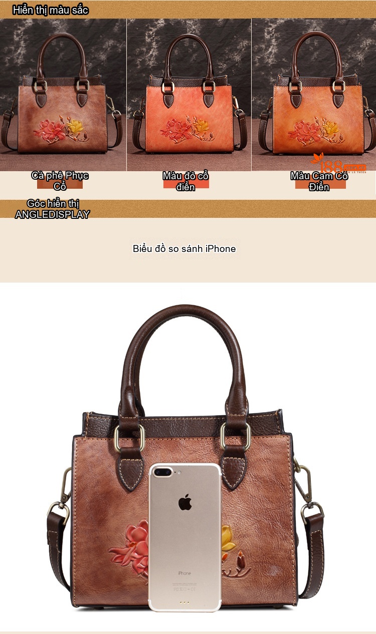 Túi Xách Nữ Da Bò Thủ Công Vintage Đeo Vai, Đeo Chéo Màu Nâu chi tiết 2