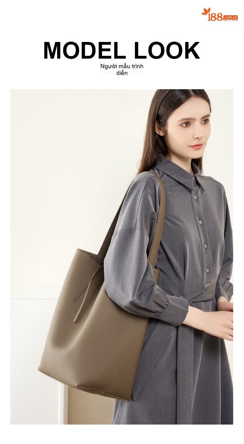Túi Xách Nữ Da Bò Togo Cao Cấp Phong Cách Nhật Hàn Túi Tote Đeo Vai Sức Chứa Lớn Màu Nâu, Kem chi tiết 4
