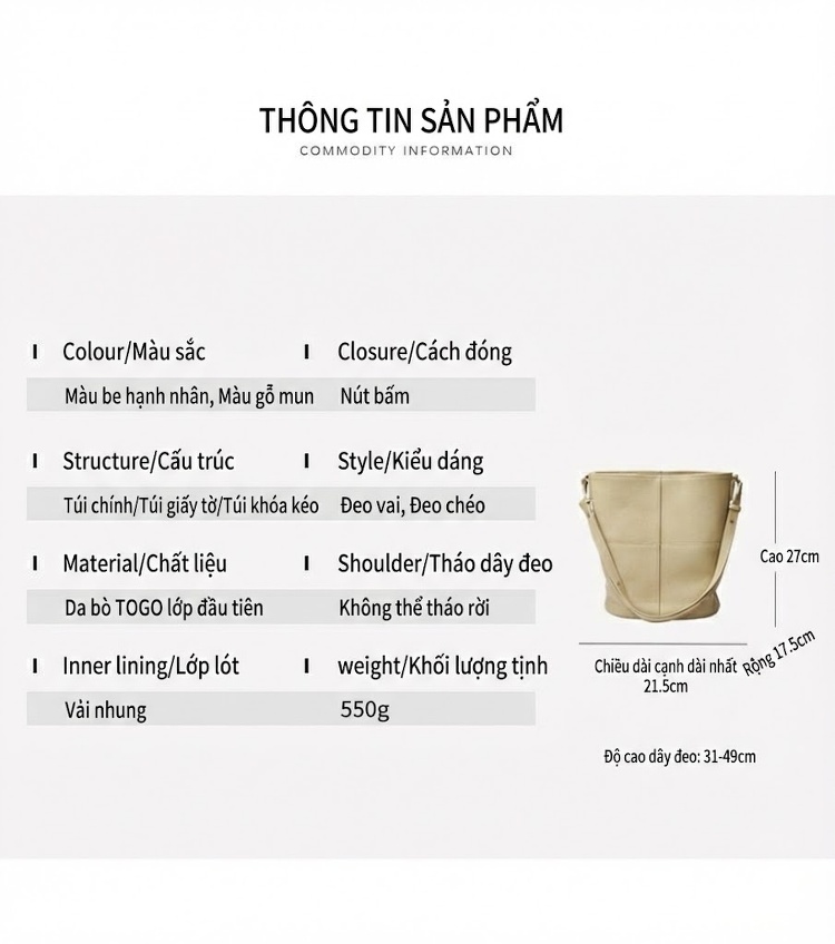 Túi Xách Nữ Da Bò Togo Dáng Thùng Đeo Vai Đựng Vừa A4 Màu Kem chi tiết 6