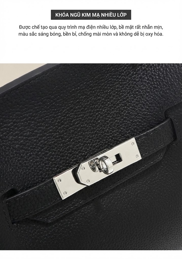 Túi Xách Nữ Da Bò Togo Kelly Size Lớn Cao Cấp Đeo Vai Đựng Laptop Phong Cách Công Sở Màu Đen, Trắng chi tiết 6