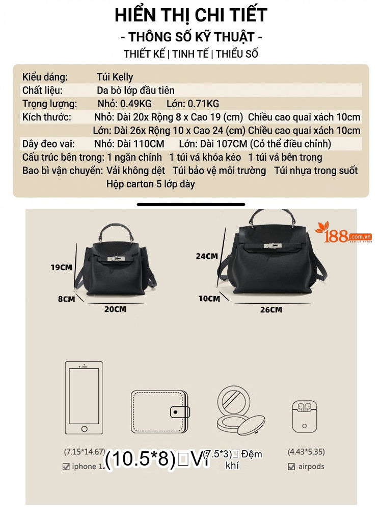 Túi Xách Nữ Da Bò Togo Kelly Size Lớn Cao Cấp Đeo Vai Đựng Laptop Phong Cách Công Sở Màu Đen, Trắng chi tiết 3