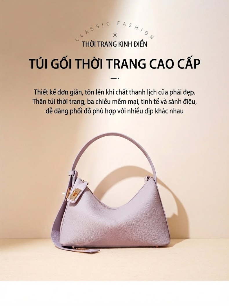 Túi Xách Nữ Da Bò Togo Thiết Kế Tối Giản Đeo Vai, Xách Tay Màu Tím, Xám, Trắng Kem chi tiết 1
