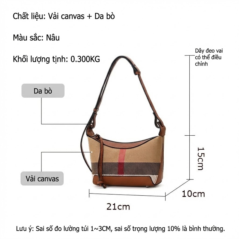 Túi Xách Nữ Da Bò Vải Canvas Họa Tiết Kẻ Ô Nâu