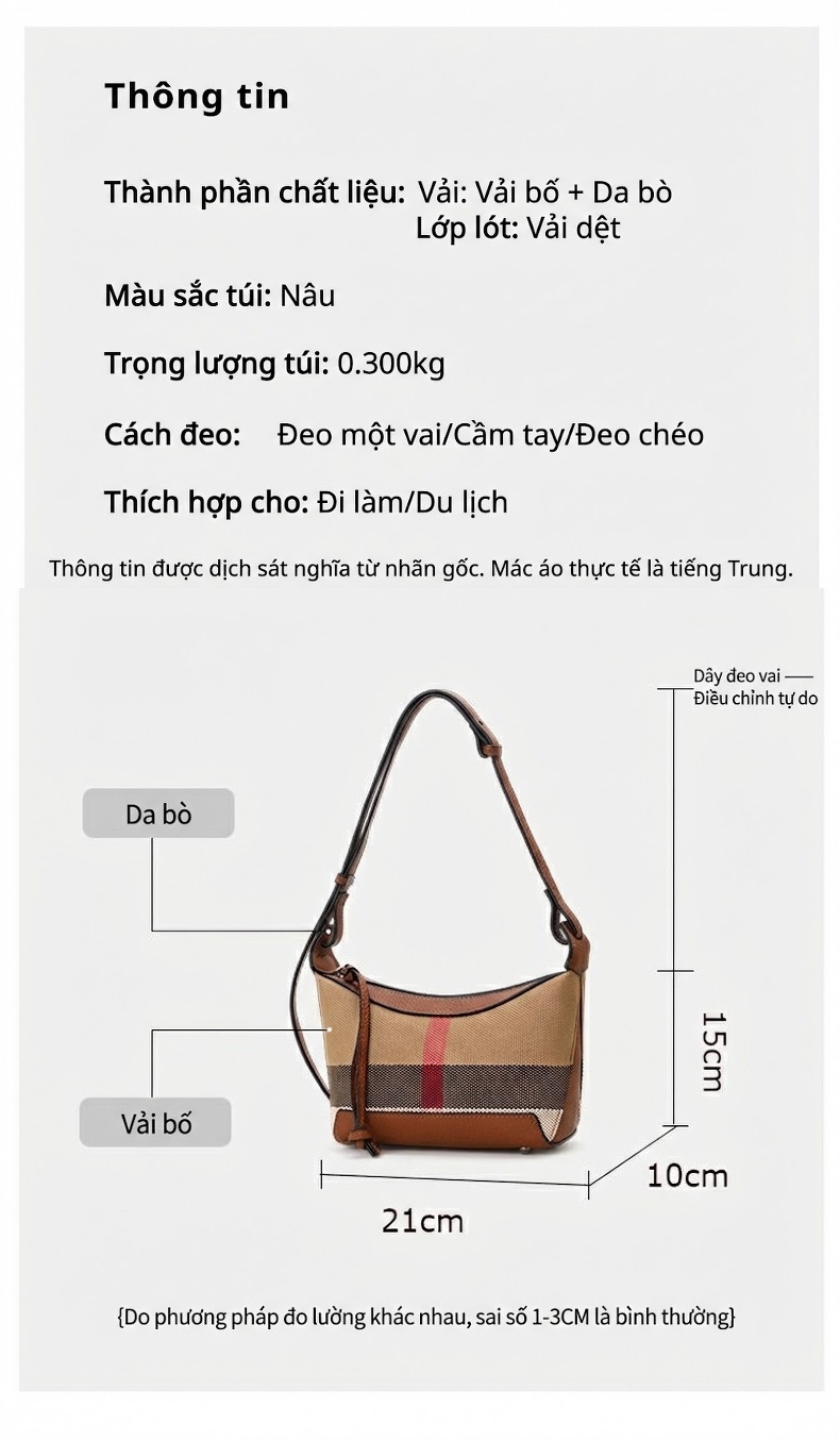 Túi Xách Nữ Da Bò Vải Canvas Họa Tiết Kẻ Ô Nâu chi tiết 3