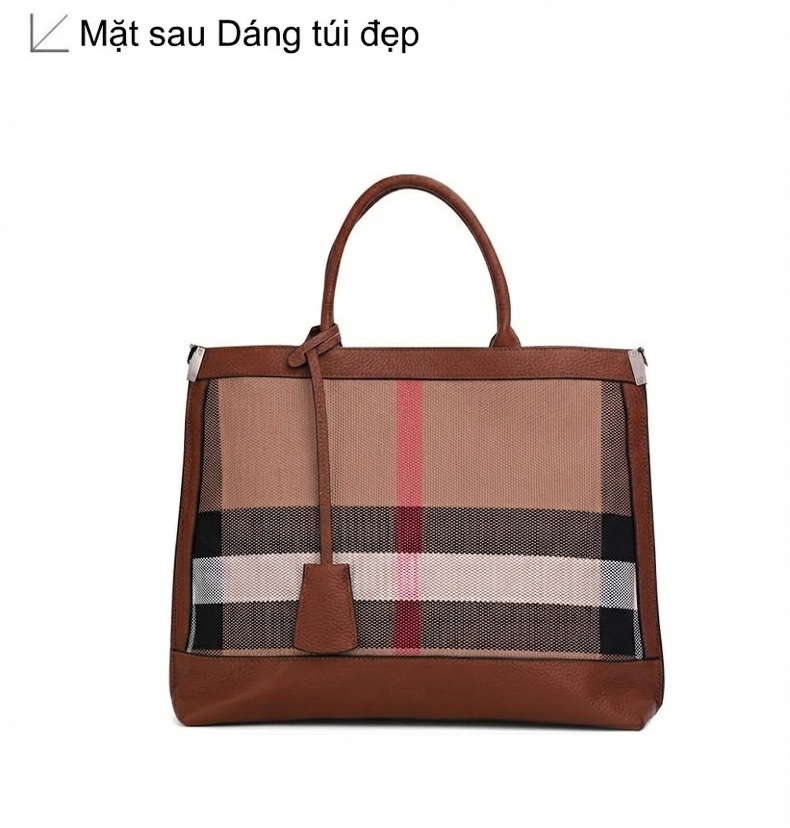 Túi Xách Nữ Da Bò Vải Canvas Kẻ Ô Lớn Cao Cấp Màu Caramel chi tiết 16