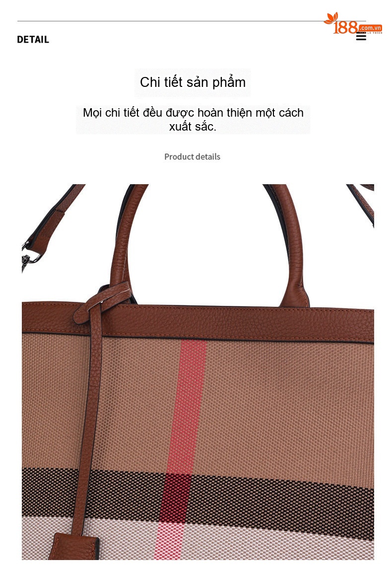 Túi Xách Nữ Da Bò Vải Canvas Kẻ Ô Lớn Cao Cấp Màu Caramel chi tiết 17