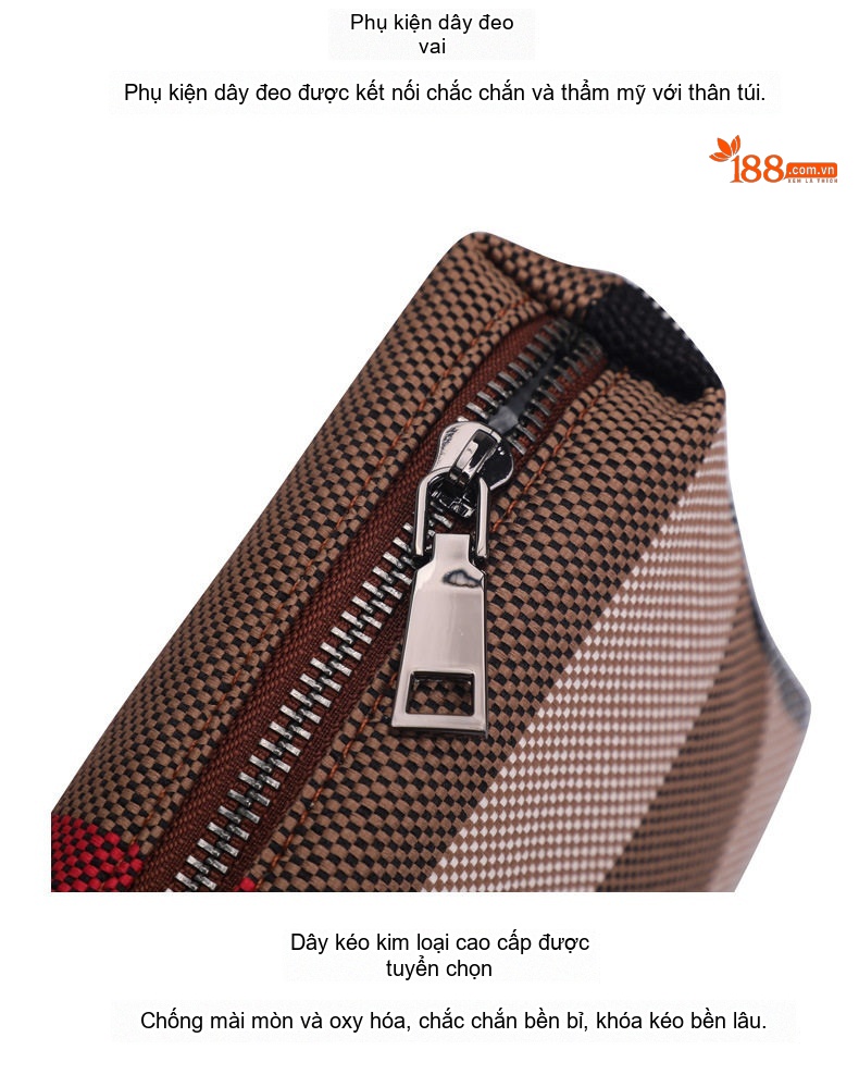 Túi Xách Nữ Da Bò Vải Canvas Kẻ Ô Lớn Cao Cấp Màu Caramel chi tiết 19