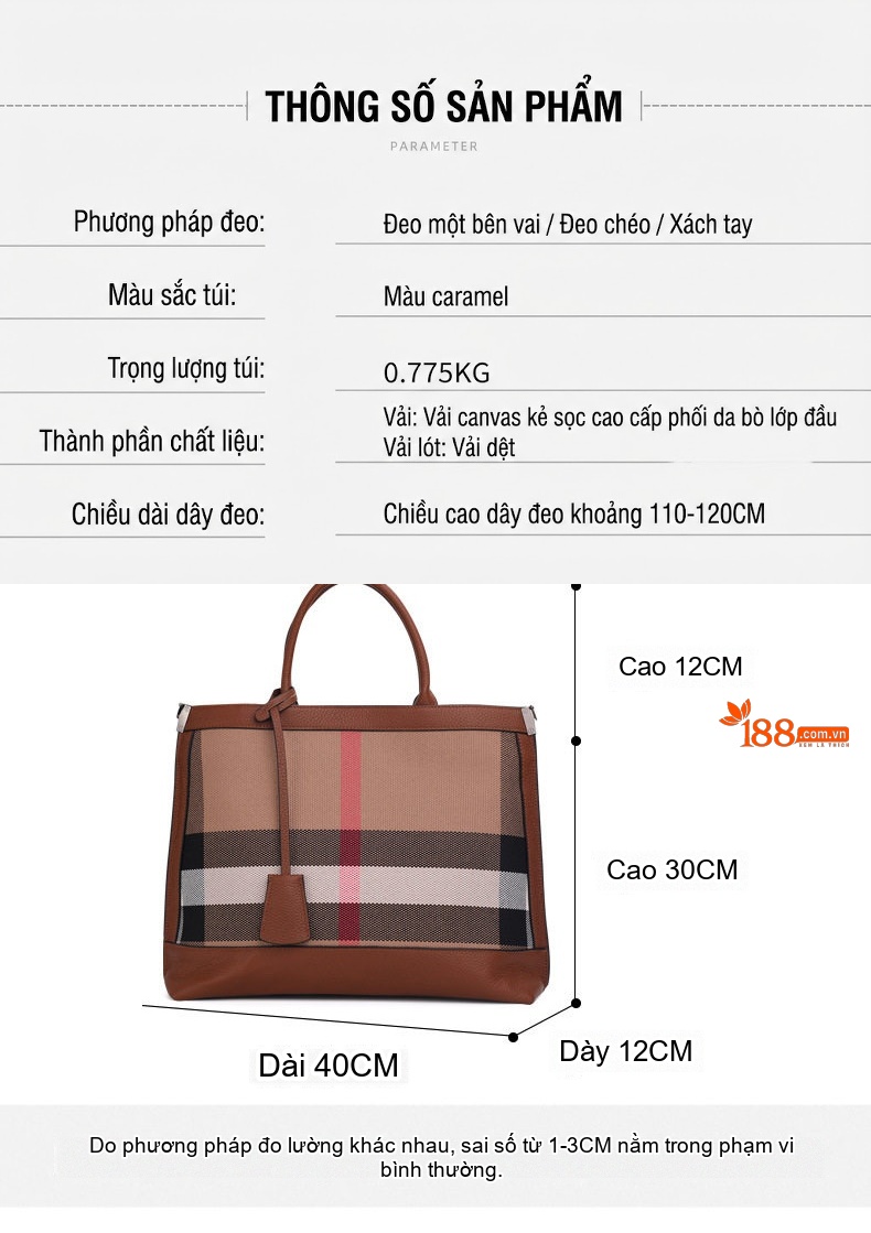 Túi Xách Nữ Da Bò Vải Canvas Kẻ Ô Lớn Cao Cấp Màu Caramel chi tiết 5