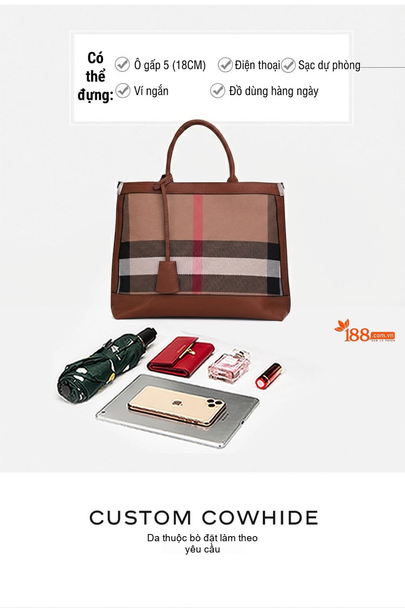 Túi Xách Nữ Da Bò Vải Canvas Kẻ Ô Lớn Cao Cấp Màu Caramel chi tiết 8