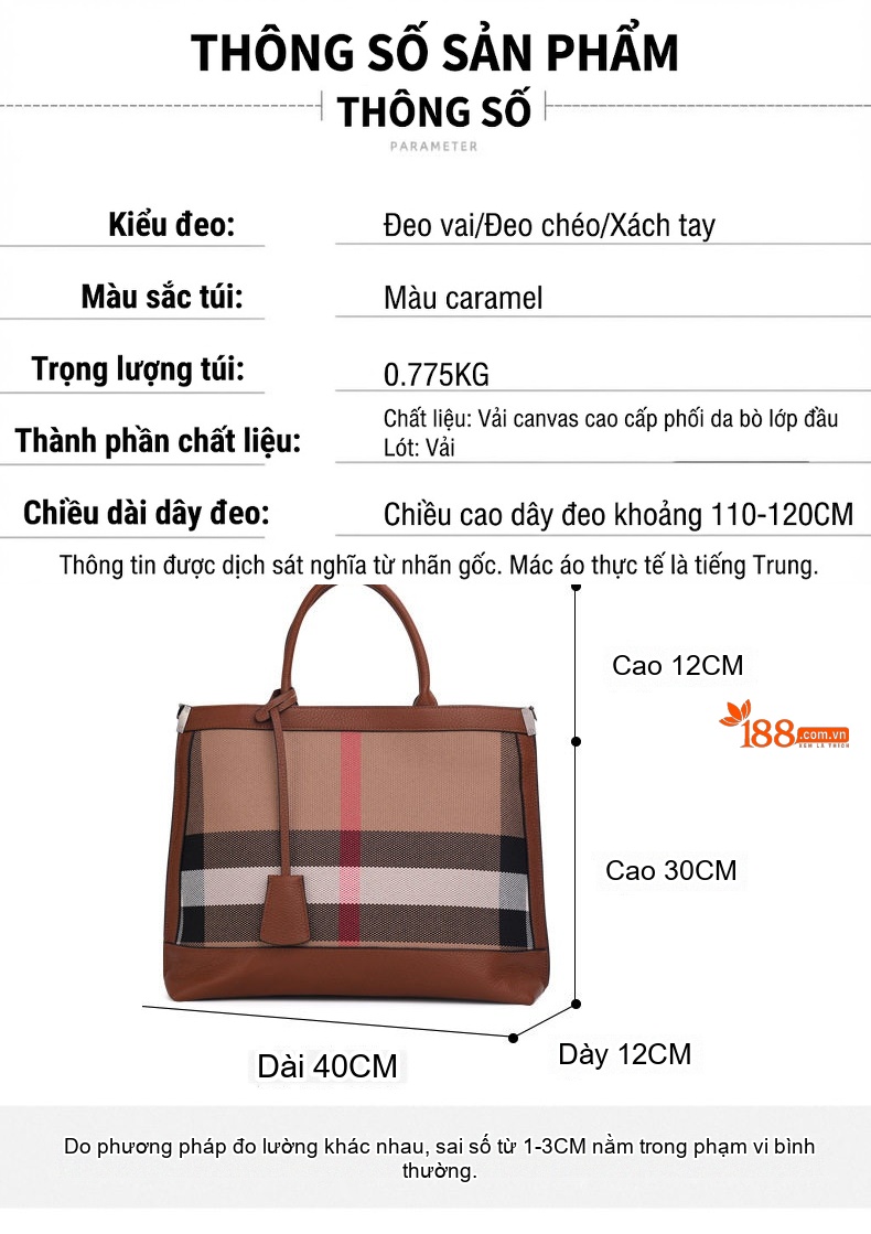 Túi Xách Nữ Da Bò Vải Canvas Kẻ Ô Lớn Cao Cấp Màu Caramel chi tiết 20