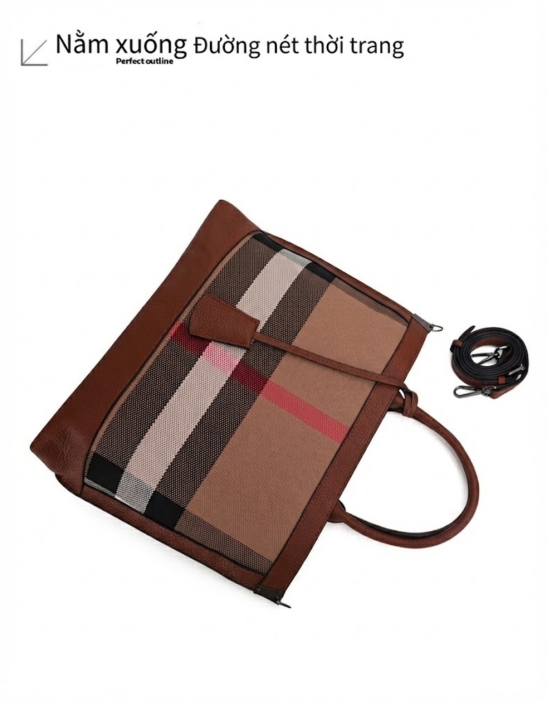 Túi Xách Nữ Da Bò Vải Canvas Kẻ Ô Lớn Cao Cấp Màu Caramel chi tiết 14
