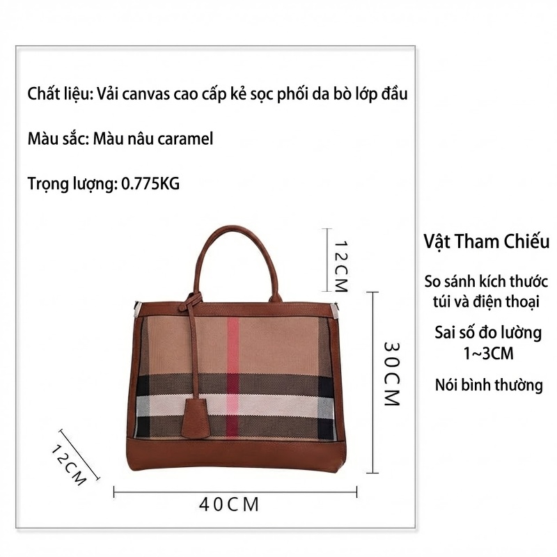 Túi Xách Nữ Da Bò Vải Canvas Kẻ Ô Lớn Cao Cấp Màu Caramel