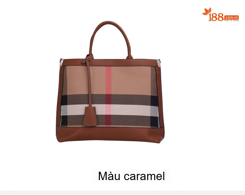 Túi Xách Nữ Da Bò Vải Canvas Kẻ Ô Lớn Cao Cấp Màu Caramel chi tiết 6