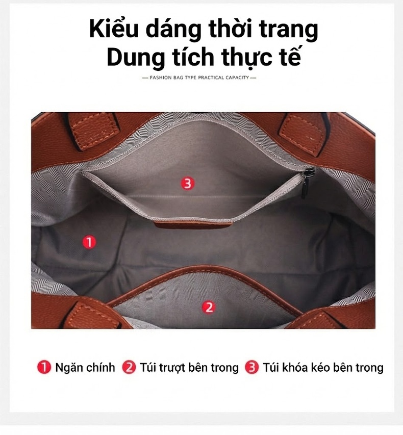 Túi Xách Nữ Da Bò Vải Canvas Kẻ Ô Lớn Cao Cấp Màu Caramel chi tiết 7