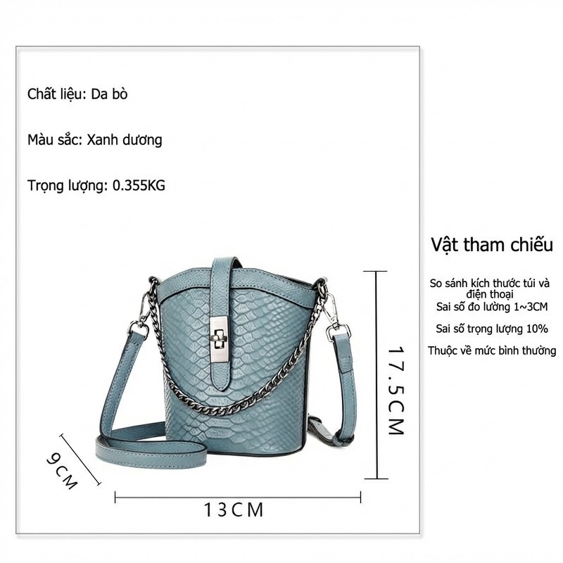 Túi Xách Nữ Da Bò Vân Cá Sấu Dáng Bucket Đeo Chéo, Xách Tay Màu Xanh Dương