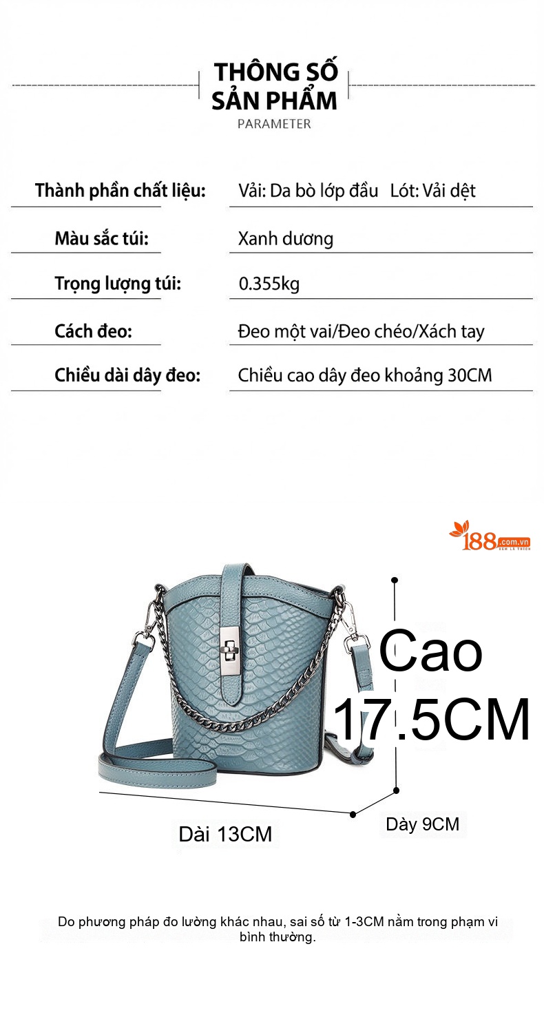 Túi Xách Nữ Da Bò Vân Cá Sấu Dáng Bucket Đeo Chéo, Xách Tay Màu Xanh Dương chi tiết 5