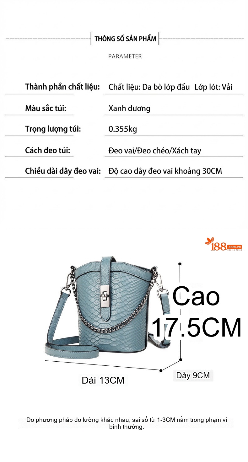 Túi Xách Nữ Da Bò Vân Cá Sấu Dáng Bucket Đeo Chéo, Xách Tay Màu Xanh Dương chi tiết 18