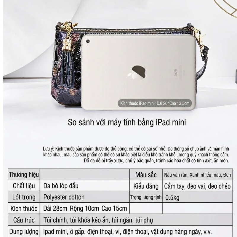 Túi Xách Nữ Da Bò Vân Cá Sấu Đeo Vai, Đeo Chéo, Xách Tay, Túi Đựng Ipad Màu Đen, Nâu, Tím