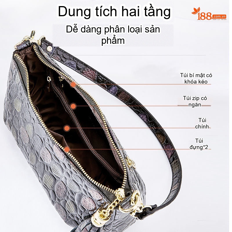 Túi Xách Nữ Da Bò Vân Cá Sấu Đeo Vai, Đeo Chéo, Xách Tay, Túi Đựng Ipad Màu Đen, Nâu, Tím
