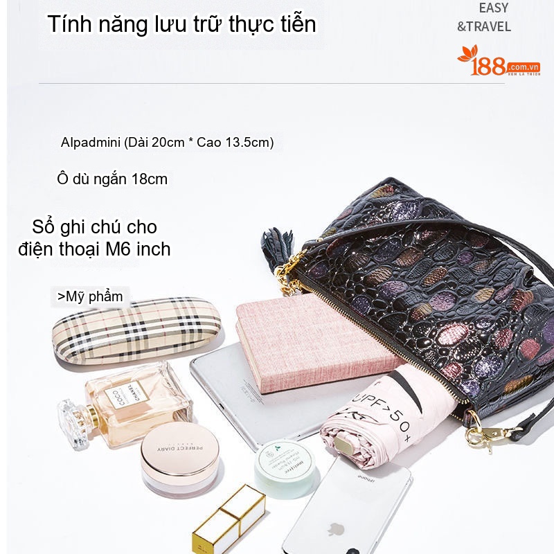 Túi Xách Nữ Da Bò Vân Cá Sấu Đeo Vai, Đeo Chéo, Xách Tay, Túi Đựng Ipad Màu Đen, Nâu, Tím