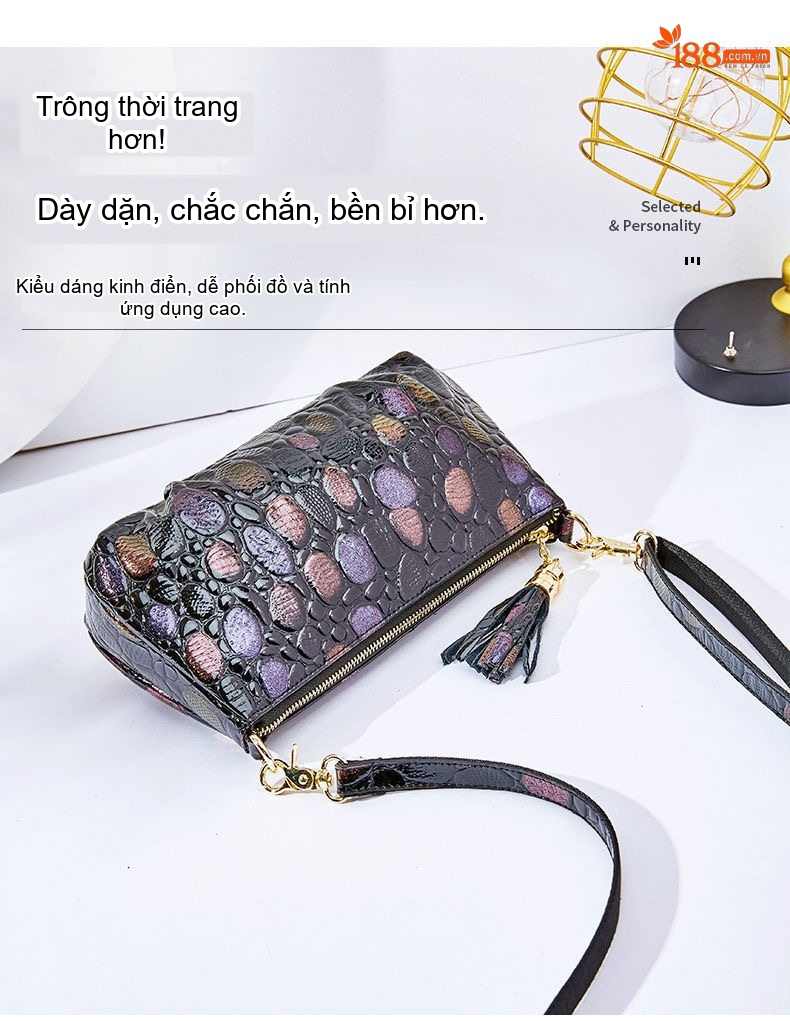 Túi Xách Nữ Da Bò Vân Cá Sấu Đeo Vai, Đeo Chéo, Xách Tay, Túi Đựng Ipad Màu Đen, Nâu, Tím chi tiết 8