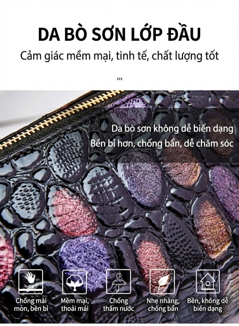 Túi Xách Nữ Da Bò Vân Cá Sấu Đeo Vai, Đeo Chéo, Xách Tay, Túi Đựng Ipad Màu Đen, Nâu, Tím chi tiết 10