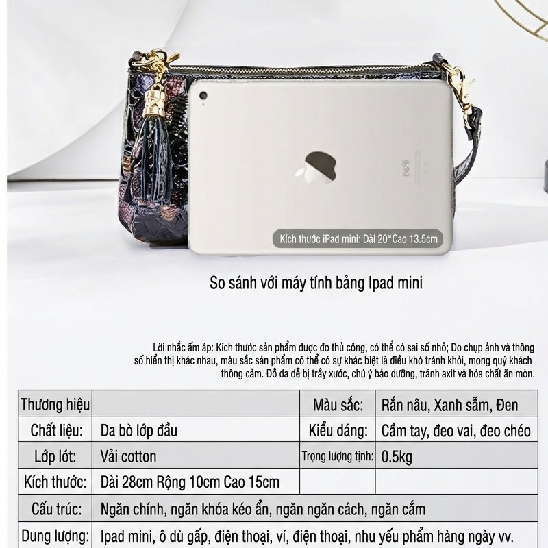 Túi Xách Nữ Da Bò Vân Cá Sấu Đeo Vai, Đeo Chéo, Xách Tay, Túi Đựng Ipad Màu Đen, Nâu, Tím chi tiết 25