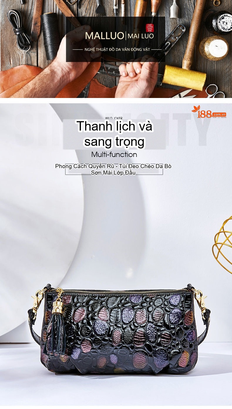 Túi Xách Nữ Da Bò Vân Cá Sấu Đeo Vai, Đeo Chéo, Xách Tay, Túi Đựng Ipad Màu Đen, Nâu, Tím chi tiết 6