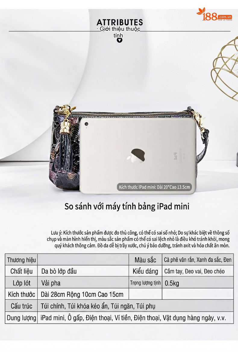 Túi Xách Nữ Da Bò Vân Cá Sấu Đeo Vai, Đeo Chéo, Xách Tay, Túi Đựng Ipad Màu Đen, Nâu, Tím chi tiết 7