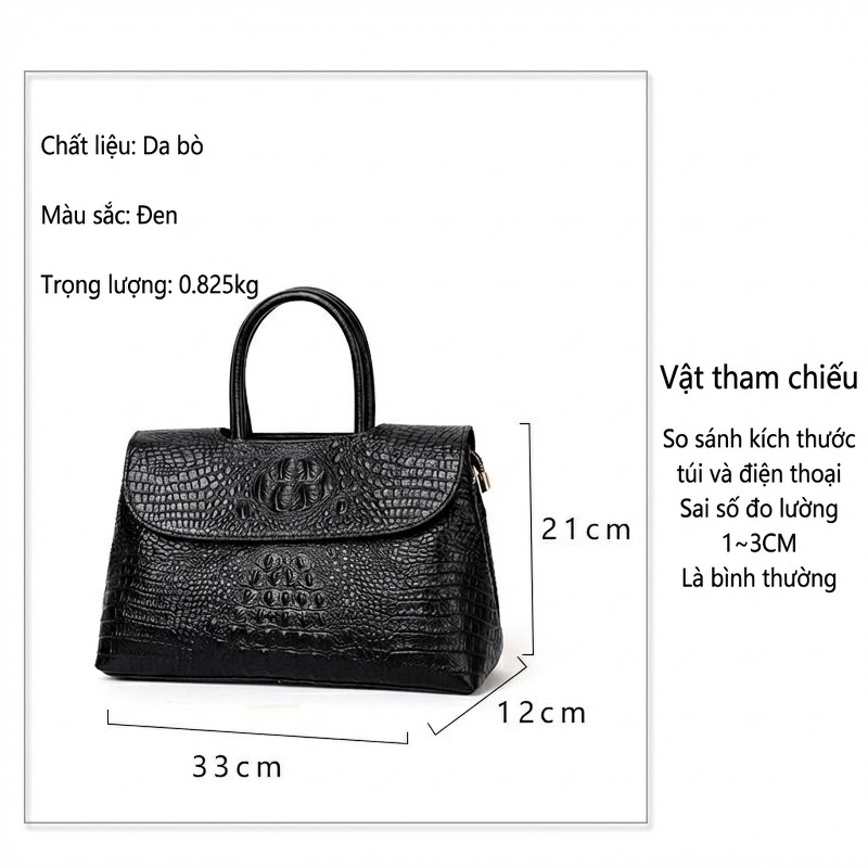 Túi Xách Nữ Da Bò Vân Cá Sấu Quai Xách Tay Đeo Vai Màu Đen