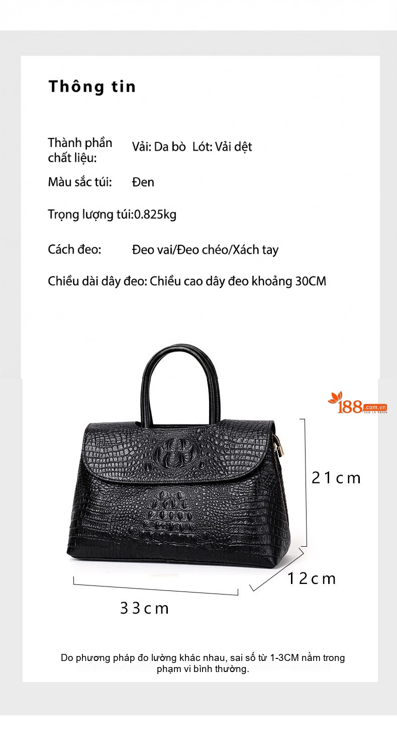 Túi Xách Nữ Da Bò Vân Cá Sấu Quai Xách Tay Đeo Vai Màu Đen chi tiết 4
