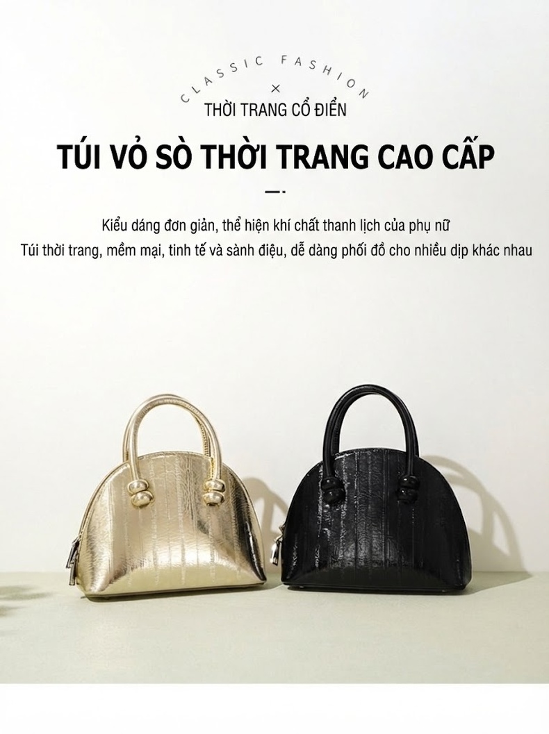 Túi Xách Nữ Da Bò Vân Lươn Thời Trang Đeo Vai, Đeo Chéo, Xách Tay Dáng Vỏ Sò Màu Đen, Vàng chi tiết 2