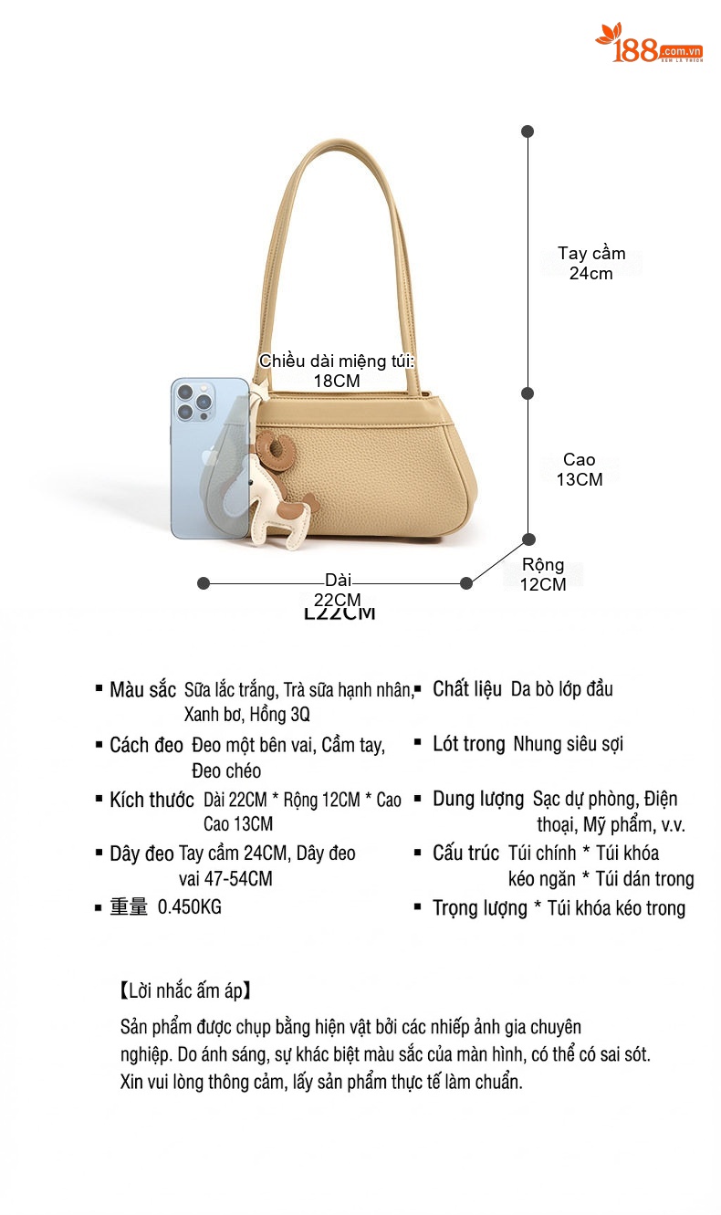 Túi Xách Nữ Da Bò Vân Nhỏ Đeo Vai/Kẹp Nách/Đeo Chéo Thiết Kế Tối Giản Màu Be chi tiết 5