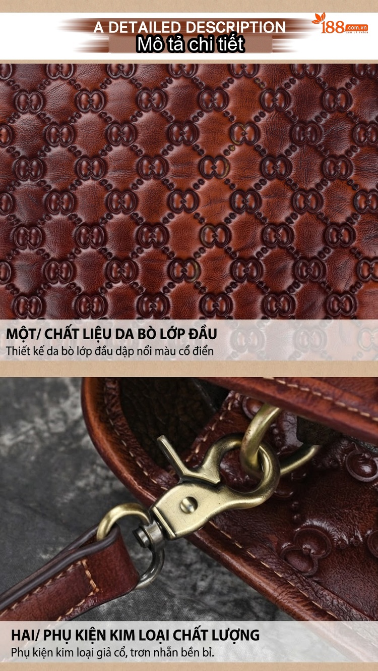 Túi Xách Nữ Da Bò Vintage Đeo Vai, Đeo Chéo, Xách Tay Màu Nâu Đỏ chi tiết 9