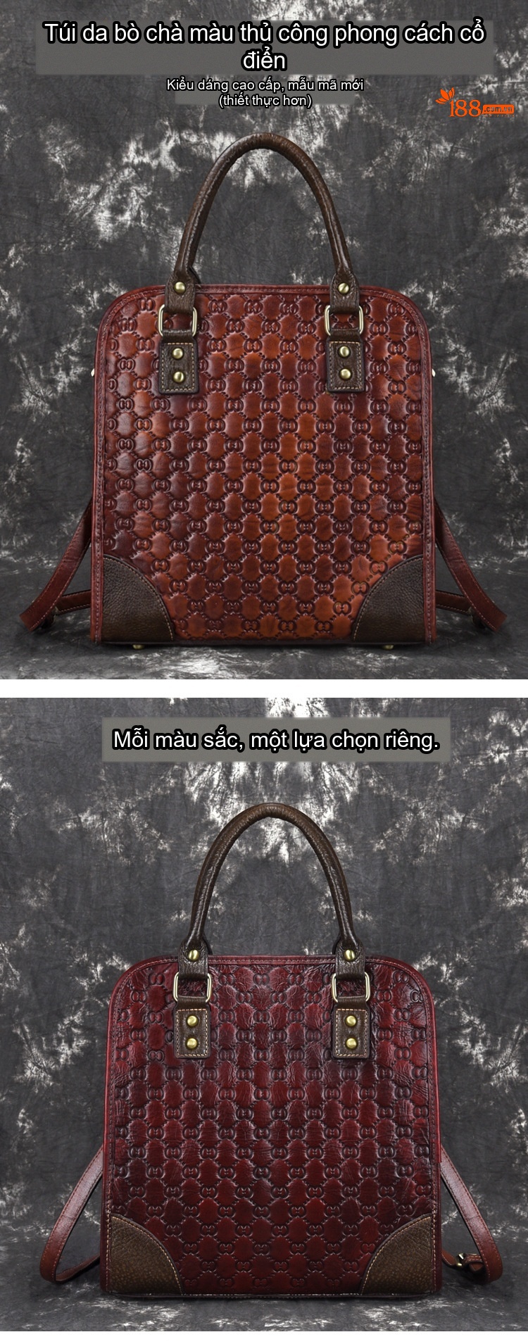 Túi Xách Nữ Da Bò Vintage Đeo Vai, Đeo Chéo, Xách Tay Màu Nâu Đỏ chi tiết 1
