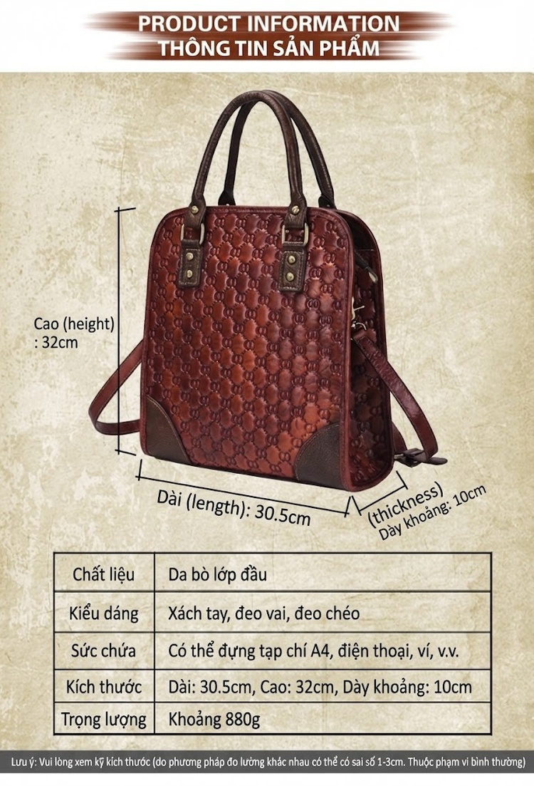 Túi Xách Nữ Da Bò Vintage Đeo Vai, Đeo Chéo, Xách Tay Màu Nâu Đỏ chi tiết 2