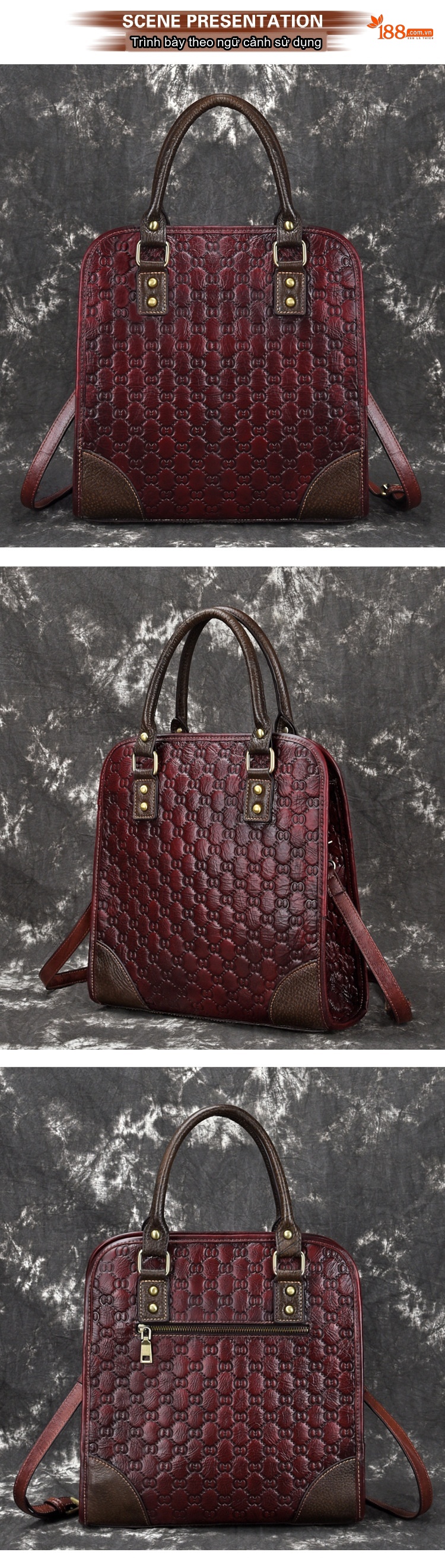 Túi Xách Nữ Da Bò Vintage Đeo Vai, Đeo Chéo, Xách Tay Màu Nâu Đỏ chi tiết 3