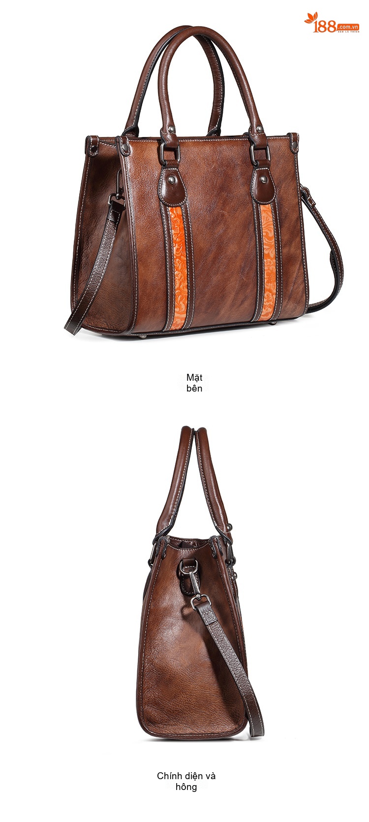 Túi Xách Nữ Da Bò Vintage Đeo Vai, Xách Tay, Đeo Chéo Màu Nâu chi tiết 7