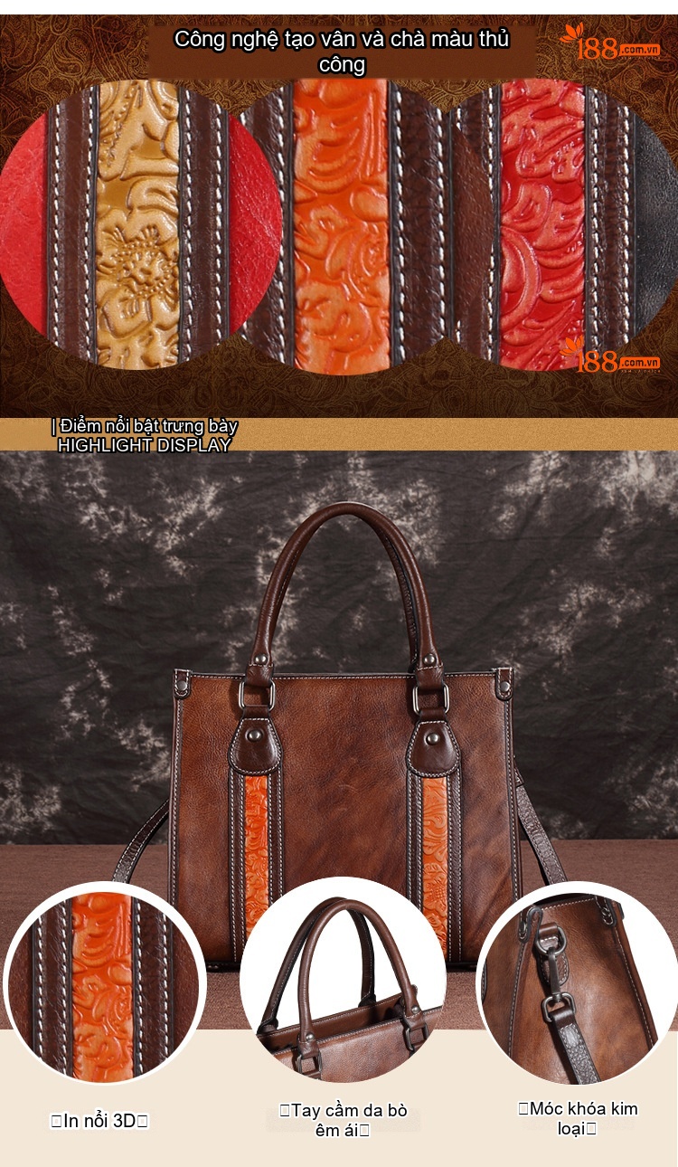 Túi Xách Nữ Da Bò Vintage Đeo Vai, Xách Tay, Đeo Chéo Màu Nâu chi tiết 1