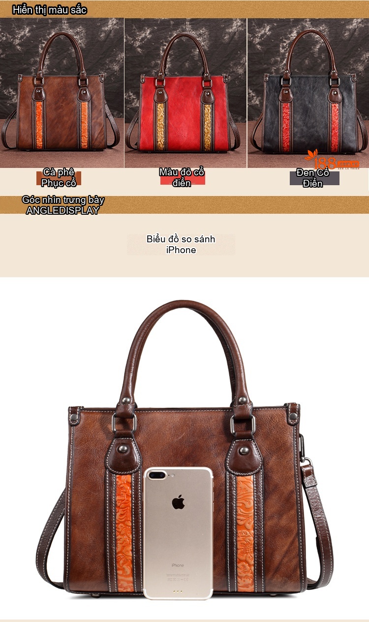 Túi Xách Nữ Da Bò Vintage Đeo Vai, Xách Tay, Đeo Chéo Màu Nâu chi tiết 2