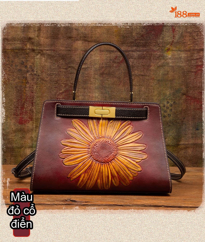 Túi Xách Nữ Da Bò Vintage Quốc Dân Đeo Vai, Đeo Chéo, Xách Tay Màu Nâu Đỏ, Đen chi tiết 6