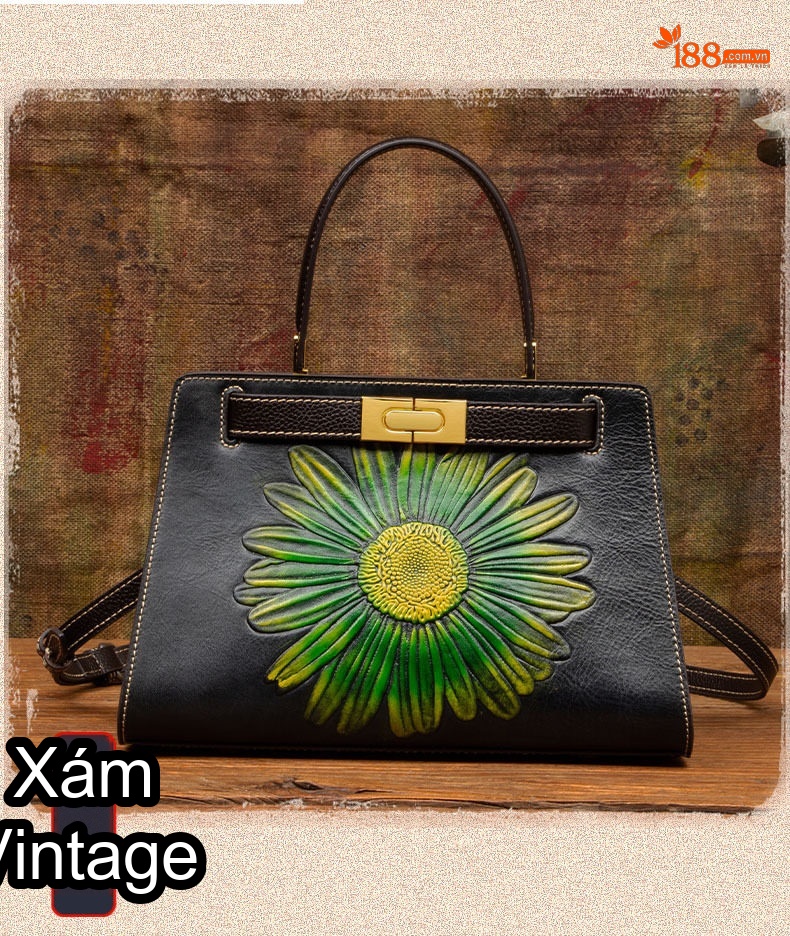 Túi Xách Nữ Da Bò Vintage Quốc Dân Đeo Vai, Đeo Chéo, Xách Tay Màu Nâu Đỏ, Đen chi tiết 7