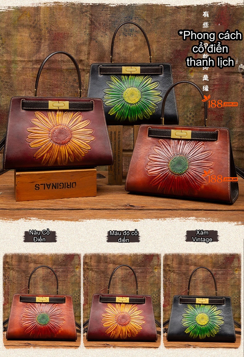 Túi Xách Nữ Da Bò Vintage Quốc Dân Đeo Vai, Đeo Chéo, Xách Tay Màu Nâu Đỏ, Đen chi tiết 1