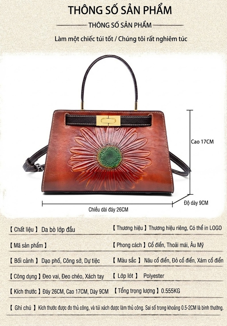 Túi Xách Nữ Da Bò Vintage Quốc Dân Đeo Vai, Đeo Chéo, Xách Tay Màu Nâu Đỏ, Đen chi tiết 4